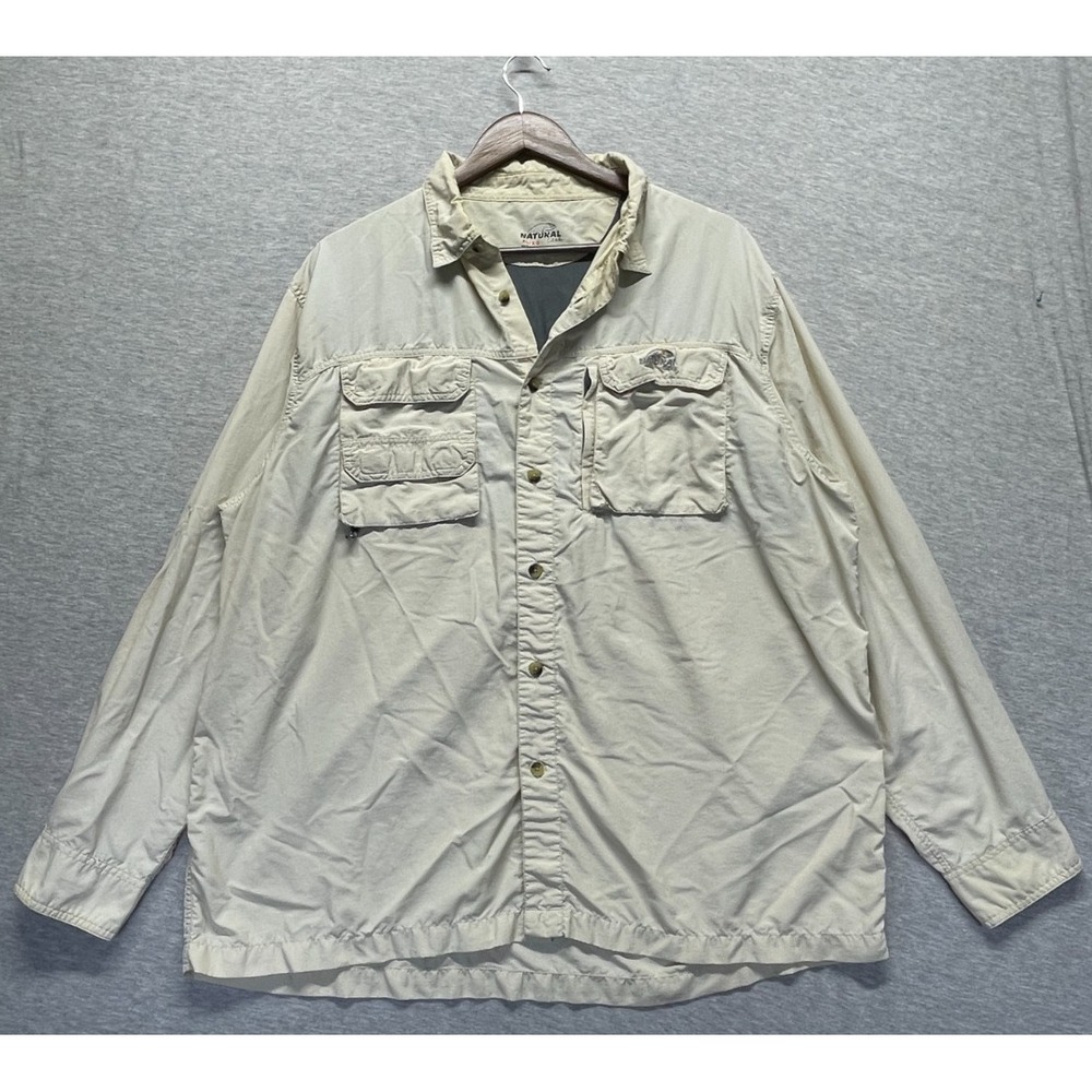 Natural Gear Fishing Shirt Mens XL Beige Nylon Vented Back Button Up Outdoor